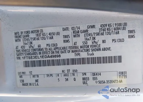 2014 Ford E-350 Super Duty Commercial from USA, damaged, VIN 1FTSE3EL1EDA49898